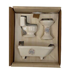 Vtg 3 Pc Dollhouse Miniatures Ceramic Sink Toilet Clawfoot Tub Blue flower